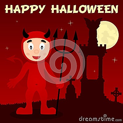 Halloween Necropolis and Red Devil Vector Illustration