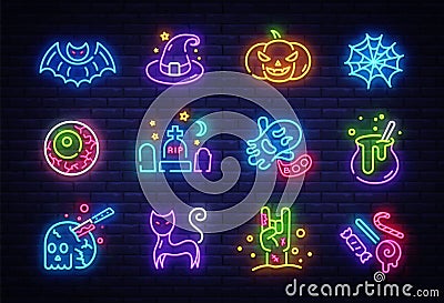 Halloween neon icons set. Happy Halloween collection light signs. Sign boards, light banner. Neon isolated icon, emblem Vector Illustration