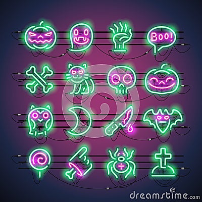 Halloween Neon Icons Vector Illustration