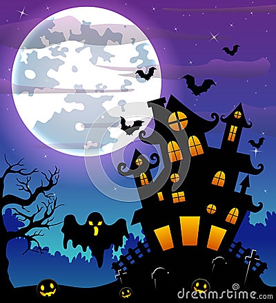 Halloween night background with black ghost and pumpkins and scary castle in graveyard Vector Illustration