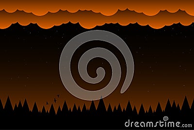 Halloween night background with clouds and dark forest Cartoon Illustration