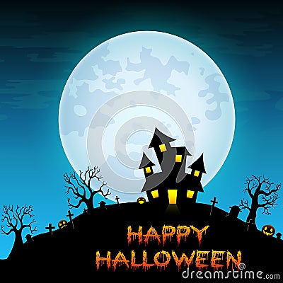 Halloween night background with creepy castle in cemetery on white full moon Vector Illustration