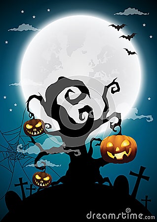 Halloween night background, dry tree and full moon Vector Illustration