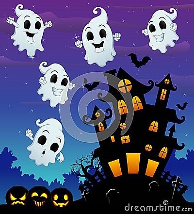 Halloween night background with flying ghost and scary castle in graveyard Vector Illustration