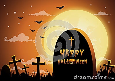 Halloween night background,Gravestones and full moon Vector Illustration