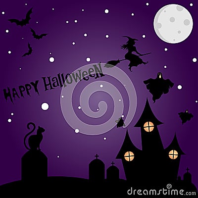 Halloween night background picture with creepy castle and pumpkins. Vector elements for banner, greeting card halloween Vector Illustration