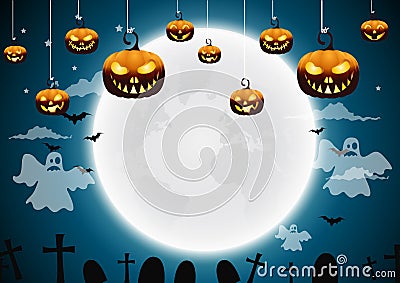 Halloween night background with pumpkin and full moon Vector Illustration