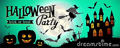 Halloween night background with pumpkin, house and full moon. Banner or invitation template for Halloween party. Vector Illustration