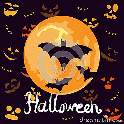 Halloween night background with pumpkins faces and the full moon Vector Illustration