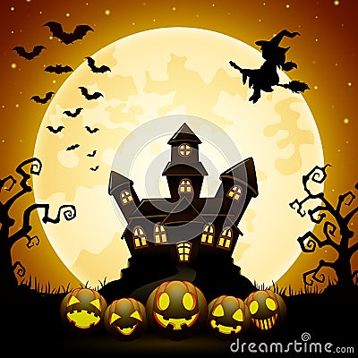 Halloween night background with pumpkins, witch flying, haunted castle and full moon Vector Illustration