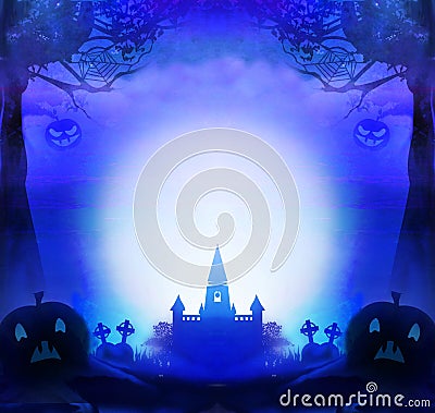 Halloween night background with scary pumpkins and silhouette of haunted house Stock Photo