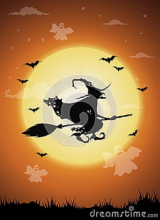 Halloween night background with witch and full moon Vector Illustration