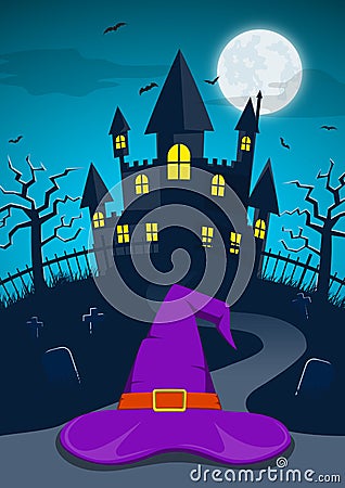 Halloween night background with witch hat and haunted castle Vector Illustration