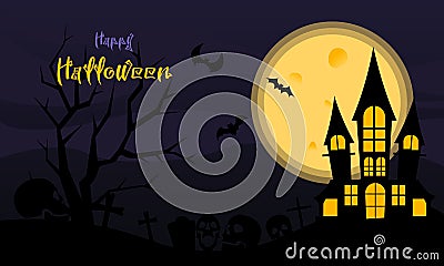 Halloween night background, Witch, Haunted House, Pumpkins and Bats. Vector Illustration