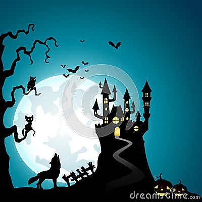Halloween night background with wolves and haunted castle Vector Illustration