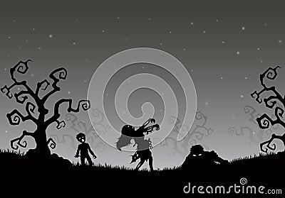 Halloween night background with zombies in the grass Vector Illustration