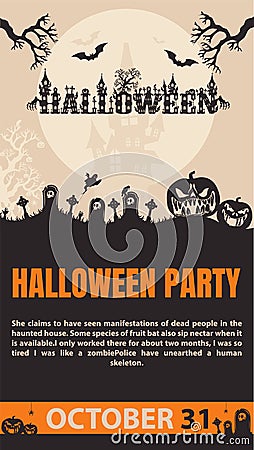 Halloween party banner, pumpkins and cemetery Vector Illustration