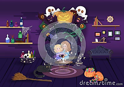 Halloween night, bedtime story fantasy, haunted room decoration with pumpkin, bats, ghost and monster, kid cartoon vector Vector Illustration