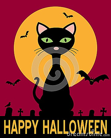 Halloween Night with Black Cat Vector Illustration