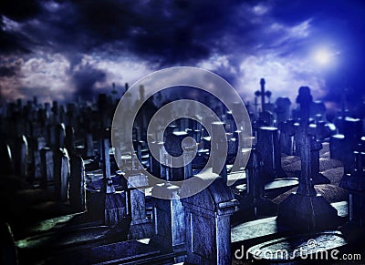 Halloween night in cemetery grave. Stock Photo