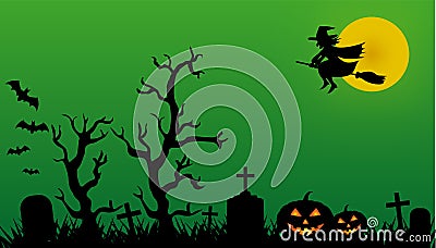 Halloween night at the cemetery with witch, bats and pumpkins Stock Photo