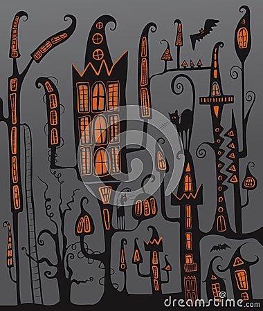 Halloween night city. illustration. castle Cartoon Illustration