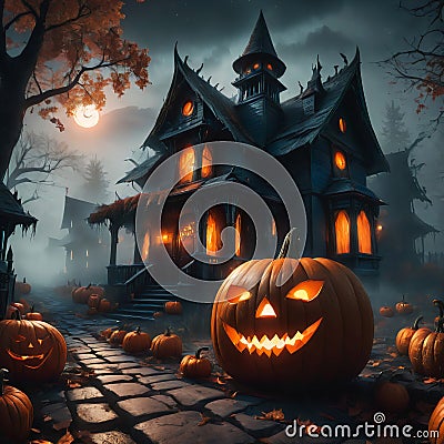 Halloween Night Concept, horror and scary pumpkin background. Halloween theme with pumpkins, Scary Halloween concept Stock Photo