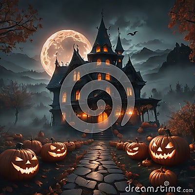 Halloween Night Concept, horror and scary pumpkin background. Halloween theme with pumpkins, Scary Halloween concept Stock Photo
