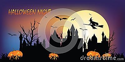 Halloween night concepts,Dark silhouette death tree with full mo Vector Illustration