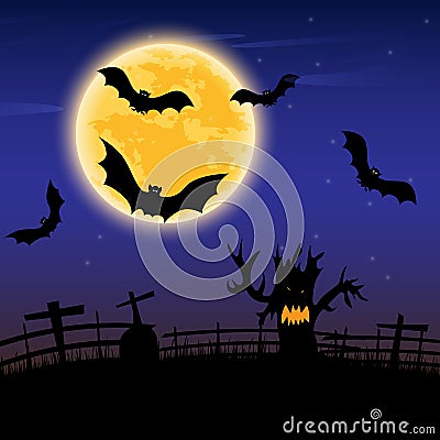 Halloween night with dark tree of hands shape on full moon Cartoon Illustration