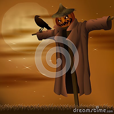 Halloween night evil scarecrow and crow Vector Illustration