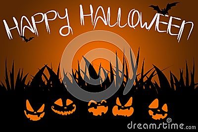 Halloween night fiery smiles of pumpkins and calligraphic inscription Happy Halloween. Stock Photo