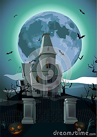 Halloween night: full moon beautiful castle chateau, gate, ghost Vector Illustration