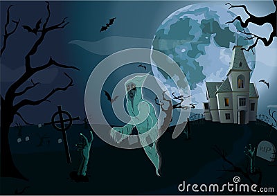 Halloween night: full moon beautiful castle chateau, gate, ghost Vector Illustration