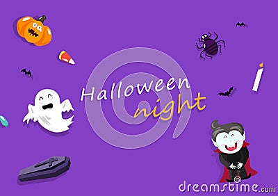 Halloween night greeting card, top view, happy celebrate vampire, pumpkin, mummy and spooky, cute cartoon character poster Vector Illustration