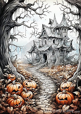Halloween Night on a Haunted Road Cartoon Illustration