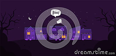 Halloween night houses. Cute houses. Ghost. Flat style. Vector Vector Illustration