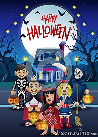 Halloween night With Kids wearing Costume Vector Illustration