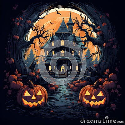 Halloween night, pumpkins, dark atmosphere. Generated AI illustrator. Stock Photo