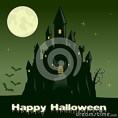 Halloween Night with Scary Ghost Castle Vector Illustration