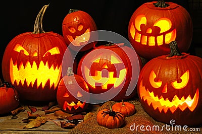 Halloween night scene with a group of Jack o Lanterns Stock Photo