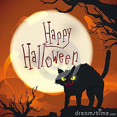 Halloween night scene with mad cat on spooky background, Vector Illustration Vector Illustration