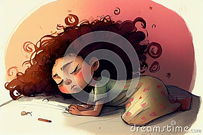 Closeup of a person laying in bed, with curly abstract art in the background. The child looks tired and hurt, with watercolor Stock Photo