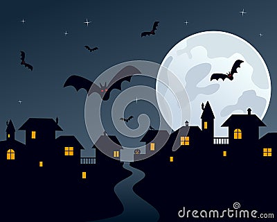 Halloween Night Town Scene Vector Illustration