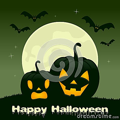 Halloween Night - Two Pumpkins and Bats Vector Illustration