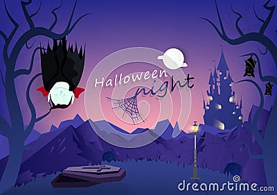 Halloween night, vampire and bats sleeping in graveyard, dark forest and mountain wasteland cartoon character, fantasy castle, Vector Illustration