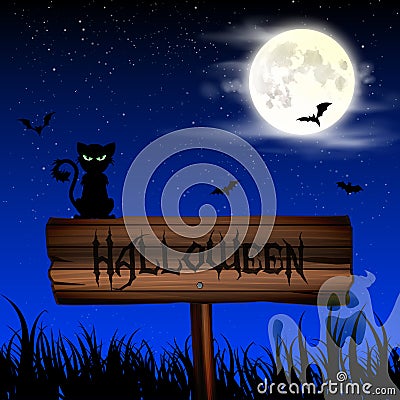 Halloween night wallpaper with cat and full moon Stock Photo