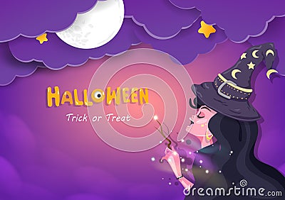 Halloween night, witch and magic, bedtime sweet dream greeting card concept, invitation poster vector background illustration Vector Illustration