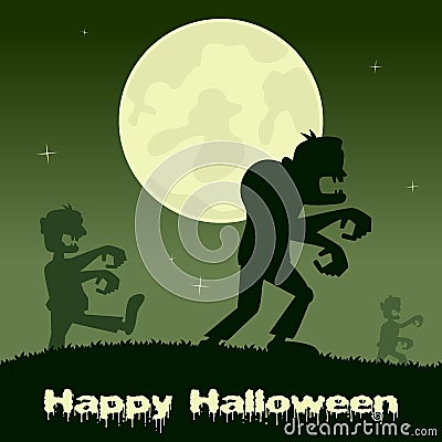 Halloween Night - Zombies and Full Moon Vector Illustration