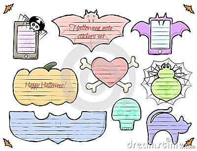 Halloween note stickers colored set. Vector Illustration